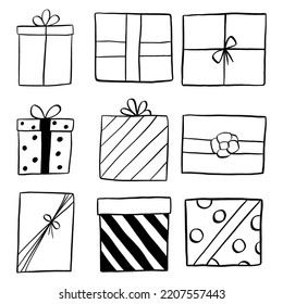 Black Line Doodle Gifts elements. Vector illustration about Christmas or Birthday.
