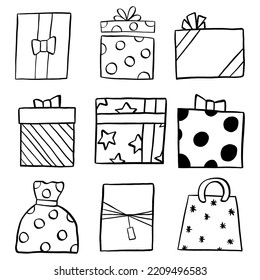 Black Line Doodle Gifts elements. Vector illustration about Christmas or Birthday.