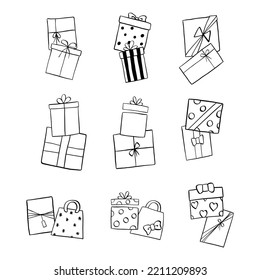Black Line Doodle Gifts elements. Vector illustration about Christmas or Birthday.