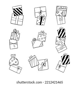Black Line Doodle Gift Elemente. Vektorgrafik über Weihnachten oder Geburtstag.