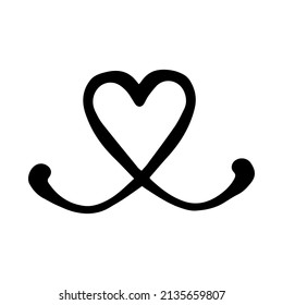 Black line doodle heart nose. Vector Outline illustration. Nature monochrome line art design. Hand drawn simple linear art