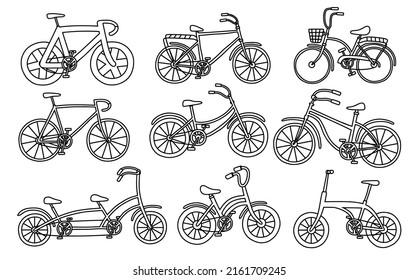 black line doodle set of cute bicycle.
