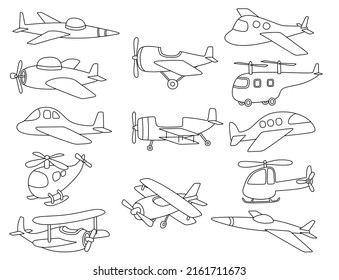 black line doodle set of cute airplane.