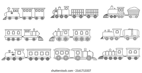 black line doodle set of cute train.