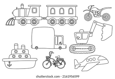 conjunto de doodles de línea negra de transporte lindo.