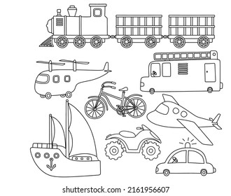 black line doodle set of cute transportation.