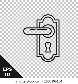 Black line Door handle icon isolated on transparent background. Door lock sign.  Vector Illustration