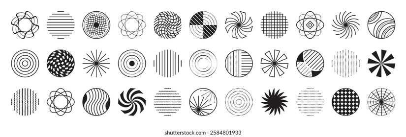 Black line and dotted circle set, monochrome round shapes, vector abstract radial forms