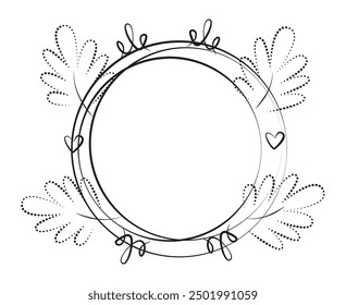 Black line and dotted round frame with leaves, hearts and crowns, vector monochrome illustration