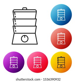 Black line Double boiler icon isolated on white background. Set icons colorful circle buttons. Vector Illustration