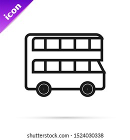 Black line Double decker bus icon isolated on white background. London classic passenger bus. Public transportation symbol.  Vector Illustration