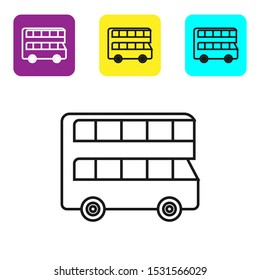 Black line Double decker bus icon isolated on white background. London classic passenger bus. Public transportation symbol. Set icons colorful square buttons. Vector Illustration