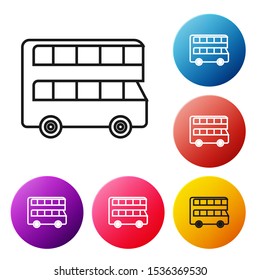 Black line Double decker bus icon isolated on white background. London classic passenger bus. Public transportation symbol. Set icons colorful circle buttons. Vector Illustration
