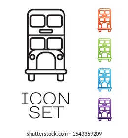 Black line Double decker bus icon isolated on white background. London classic passenger bus. Public transportation symbol. Set icons colorful. Vector Illustration