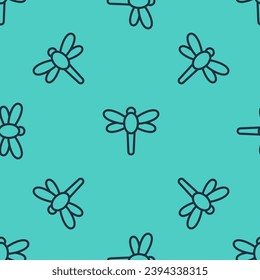 Black line Dragonfly icon isolated seamless pattern on green background.  Vector