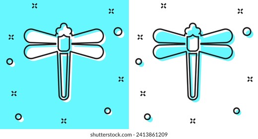 Black line Dragonfly icon isolated on green and white background. Random dynamic shapes. Vector