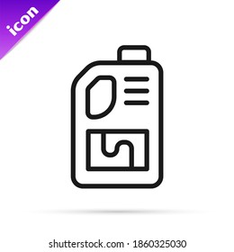 Black line Drain cleaner bottle icon isolated on white background. Water pipes cleaning. Plumbing repair symbol.  Vector