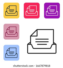 Black line Drawer with document icon isolated on white background. Archive papers drawer. File Cabinet Drawer. Office furniture. Set icons in color square buttons. Vector Illustration