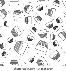 Black line Drawer with documents icon isolated seamless pattern on white background. Archive papers drawer. File Cabinet Drawer. Office furniture.  Vector Illustration