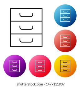 Black line Drawer with documents icon isolated on white background. Archive papers drawer. File Cabinet Drawer. Office furniture. Set icons colorful circle buttons. Vector Illustration