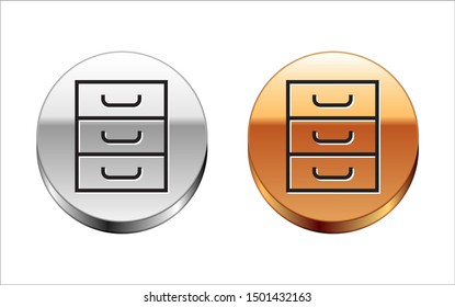 Black line Drawer with documents icon isolated on white background. Archive papers drawer. File Cabinet Drawer. Office furniture. Silver-gold circle button. Vector Illustration