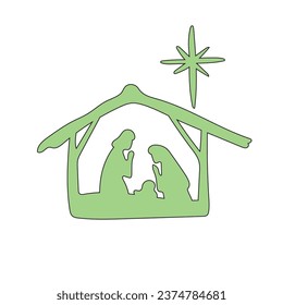 Black line drawing of born Jesus with Joseph and Mary illustration vector hand drawn 