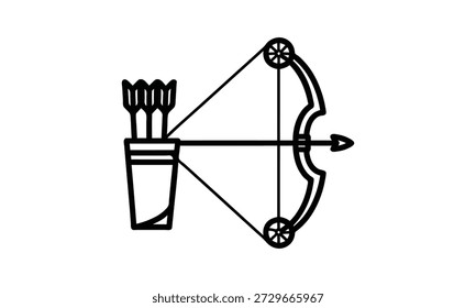 Desenho de linha preta de um arco e flecha com aljava