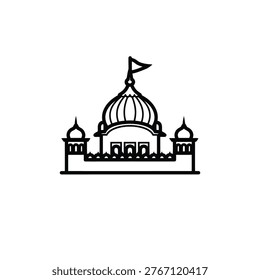A black line drawing of a building with a large dome and flag on top