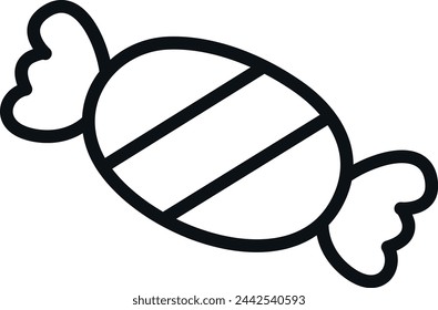 Black line drawing of a candy with two wrappers at each end, resembling a classic sweet or treat.