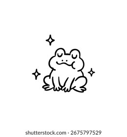 Black line drawing of a cheerful frog with sparkle elements