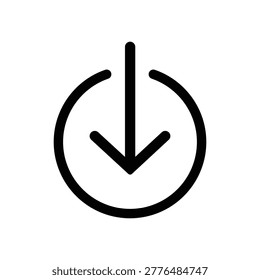 A black line drawing of a circular arrow pointing downwards, representing a download icon on a white background.