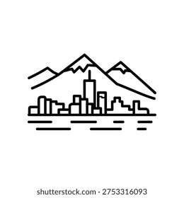 A black line drawing of a city skyline with a tall skyscraper, surrounded by mountains and water, on a white background, evoking a sense of modernity and natural beauty.