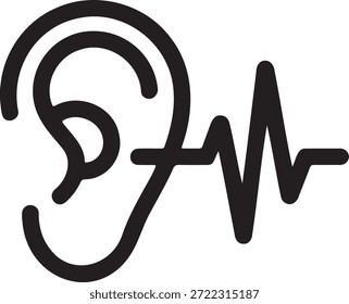 Desenho de linha preta combinando a estrutura do ouvido humano com um padrão de onda sonora de áudio. Simboliza a capacidade auditiva percepção auditiva frequência de som ou testes acústicos contra fundo transparente.