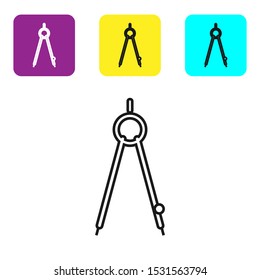 Black line Drawing compass icon isolated on white background. Compasses sign. Drawing and educational tools. Geometric instrument. Set icons colorful square buttons. Vector Illustration
