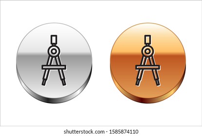 Black line Drawing compass icon isolated on white background. Compasses sign. Drawing and educational tools. Geometric instrument. Silver-gold circle button. Vector Illustration