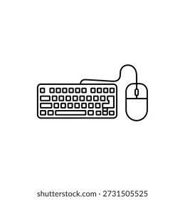Un dibujo de línea negra de un teclado y ratón de computadora sobre fondo blanco