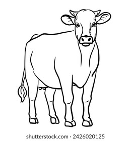 black line drawing cow standing.Vector illustration isolated on white.