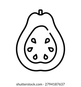 A black line drawing of a cut guava fruit