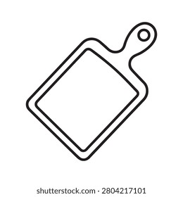 A black line drawing of a cutting board with a handle isolated on white background