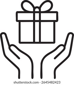 A black line drawing depicts two hands gently holding a square gift box with a ribbon and bow.
