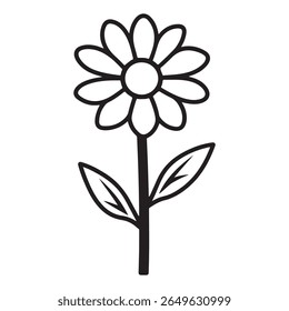 Black line drawing displays a minimalistic daisy on a stem, featuring petals around a central disk and two leaves, all on a transparent background.