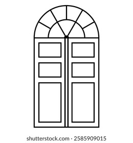 Black line drawing double door with an arched window above