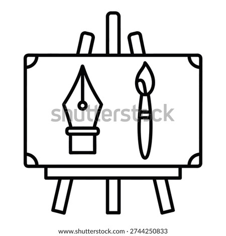 Black line drawing of an easel with a pen nib and a paintbrush on canvas icon