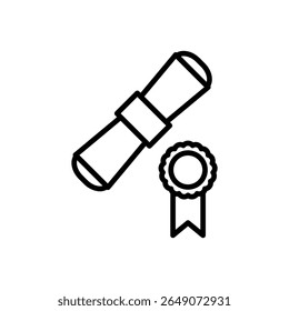 Black line drawing features a diploma with a ribbon award, conveying a simple and clean concept of achievement, suitable for educational or celebratory graphic design projects.