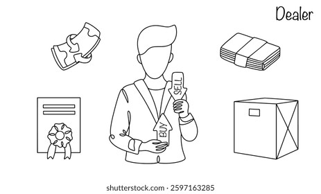 A black line drawing of a financial intermediary who buys and sells securities, currencies, commodities, or other assets on his own behalf or for his own account. Dealer's job. Simple vector.