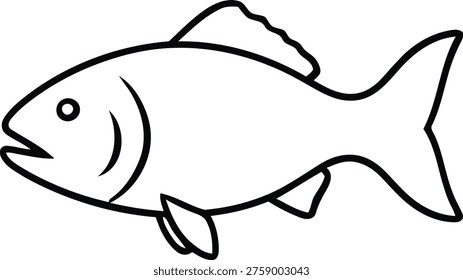 A black line drawing of a fish on a white background, facing left