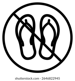 Black line drawing of flip flops within a circle with a line through it denotes prohibition, conveying a clear no sandals message ideal for safety and regulation related materials.
