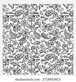 A black line drawing of a floral pattern with birds and flowers on a white background with intricate details and swirling shapes