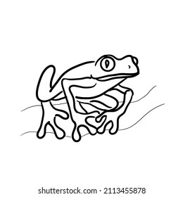 black line drawing a frog perched on a branch.Isolated vector illustration on a white background.