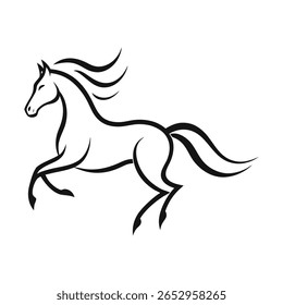 Black line drawing of a galloping horse on a white background animal equine
